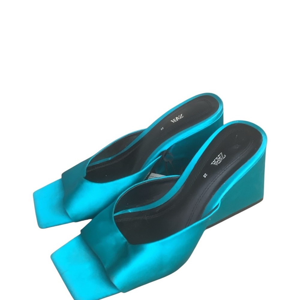 Zara Satin Teal Mule Heels Square Toe Slip On Sandals NWT Sz 6 (36) - Picture 4 of 8